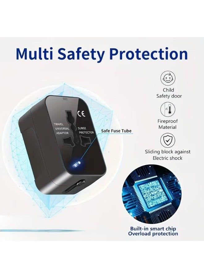 محول سفر عالمي مع منفذي USB | محول كهرباء دولي متعدد المقابس يدعم مقابس UK/US/EU/AU | شاحن سفر عالمي لأكثر من 150 دولة | أسود - Image 1
