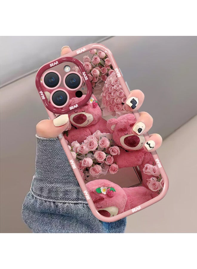 Inkaida غلاف هاتف Yingkaida متوافق مع Apple iPhone 13 Pro Max غلاف حماية مغطي كامل ومقاوم للسقوط آمن على الجلد للرجال والنساء غلاف بفُرْعَةٍ بالدبّ الوديع باللون الوردي مع حزام يدوي - Image 2