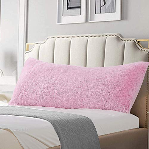 Reafort Luxury Long Hair PV Fur Faux Fur Body Pillow CoverCase 21x54 with Zipper Closure 21x54 Body Pillow Cover Pink