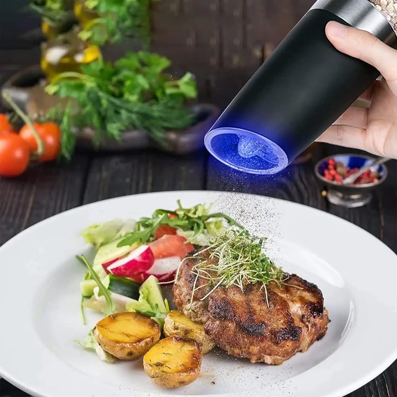 Electric Salt and Pepper Grinder Set Gravity Sensor Automatic Pepper Mill One Hand Operation BatteryOperated with Adjustable Coarseness Blue Led Light Black 2 Pack