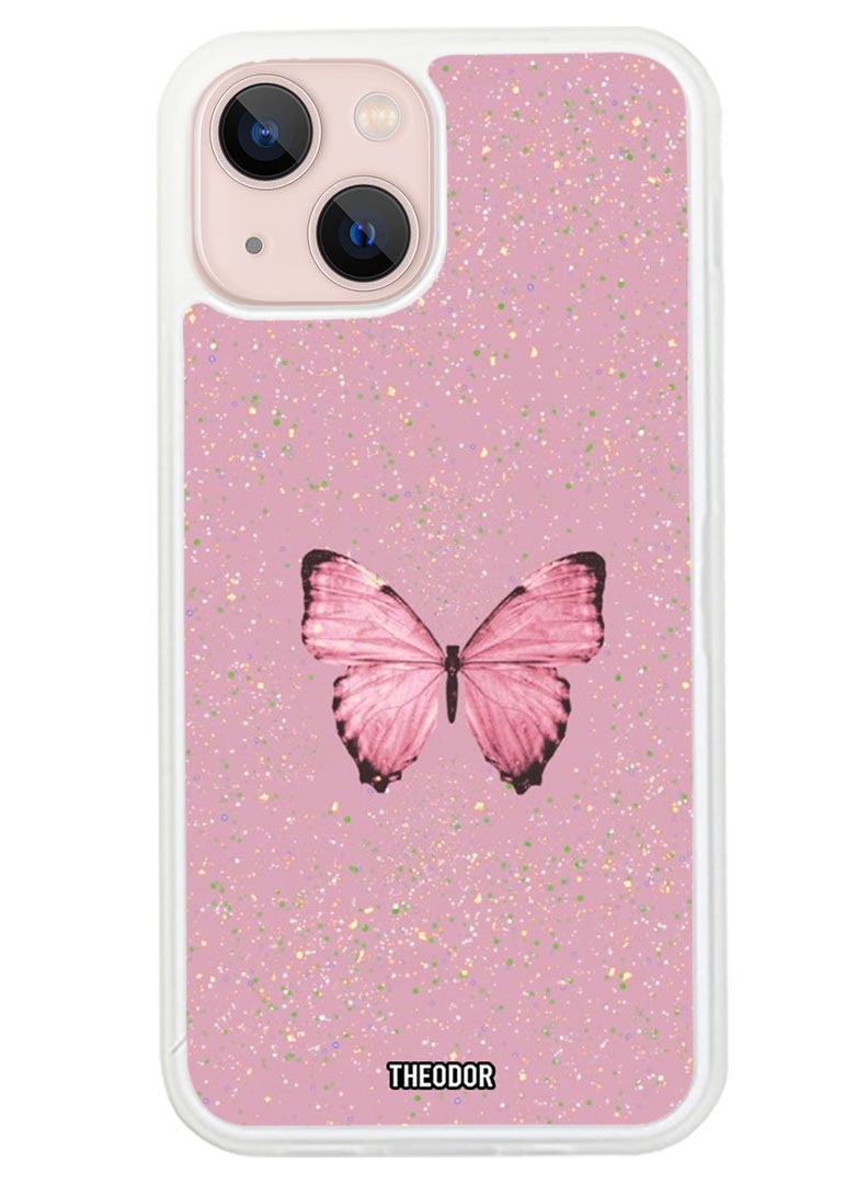 Theodor Protective Case Anti Scratch Shock Proof Cover For APPLE IPHONE 14 Glitter Butterfly 1 (White Bumper) - Image 1