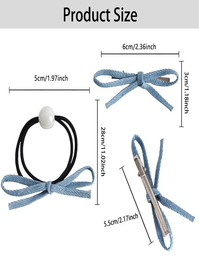 HLTOO 8PCS Blue Jeans Hair Bow Clips and Elastics Ties, Hair Scrunchies and Barrettes with Ribbon Bows, Ponytail Holders, for Women and Girls Hair Styling Accessories - Image 2
