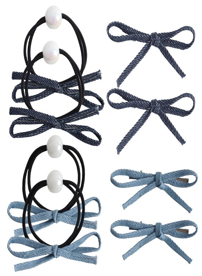 HLTOO 8PCS Blue Jeans Hair Bow Clips and Elastics Ties, Hair Scrunchies and Barrettes with Ribbon Bows, Ponytail Holders, for Women and Girls Hair Styling Accessories - Image 1