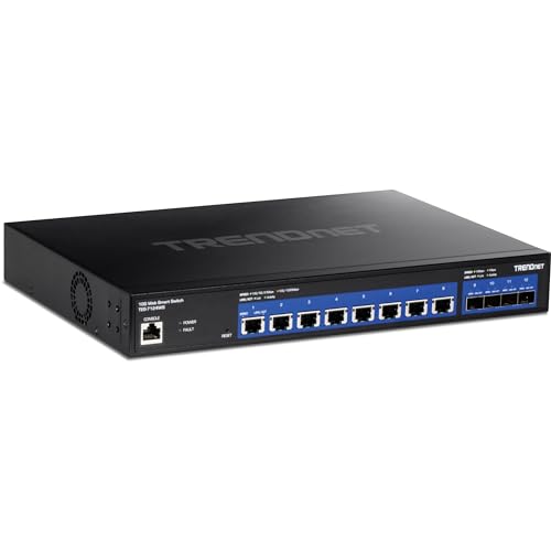 TRENDnet 12-Port 10G Web Smart Switch, TEG-7124WS, 8 x 10G RJ-45 Ports, 4 x SFP+ Slots, Ethernet Splitter, NDAA & TAA Compliant, Rack Mountable Housing, Lifetime Protection, Black - Image 1