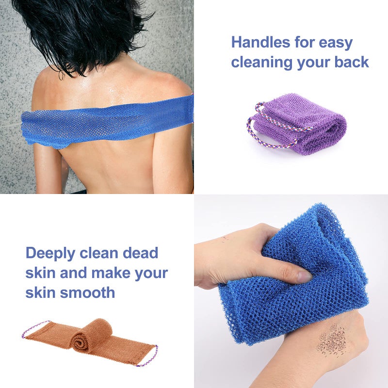 Tegeme 3 Pcs African Exfoliating Net Sponges Bath Back Scrubbers Long with Pull Strap Exfoliating Smoother Nylon Body Shower Loofahs Cloth for Women Men Daily Handles Washcloth Wash Purple Blue Coffee - Image 4