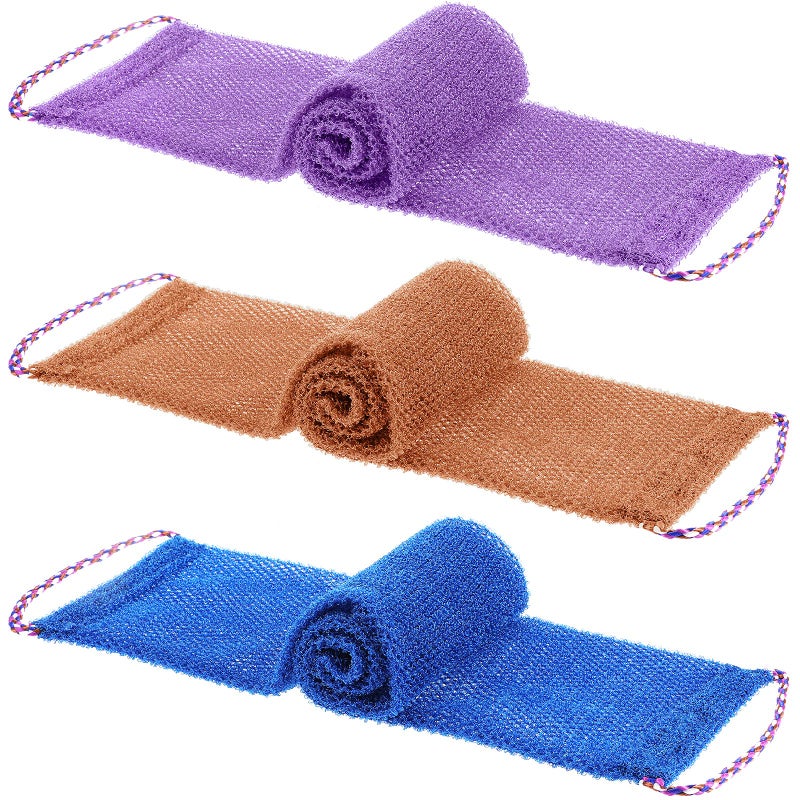 Tegeme 3 Pcs African Exfoliating Net Sponges Bath Back Scrubbers Long with Pull Strap Exfoliating Smoother Nylon Body Shower Loofahs Cloth for Women Men Daily Handles Washcloth Wash Purple Blue Coffee - Image 1