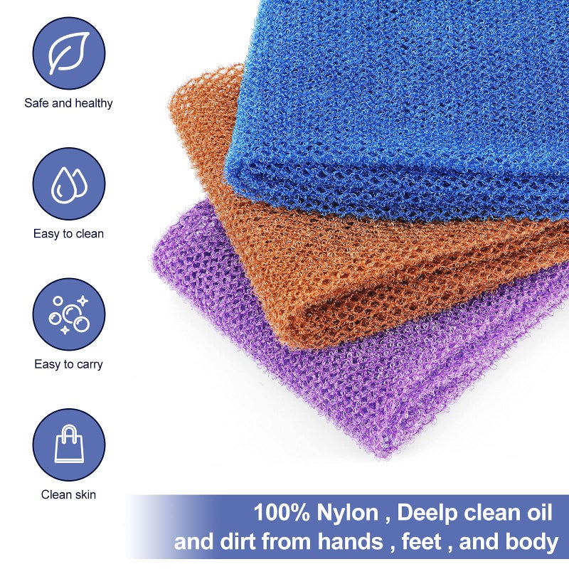 Tegeme 3 Pcs African Exfoliating Net Sponges Bath Back Scrubbers Long with Pull Strap Exfoliating Smoother Nylon Body Shower Loofahs Cloth for Women Men Daily Handles Washcloth Wash Purple Blue Coffee - Image 3
