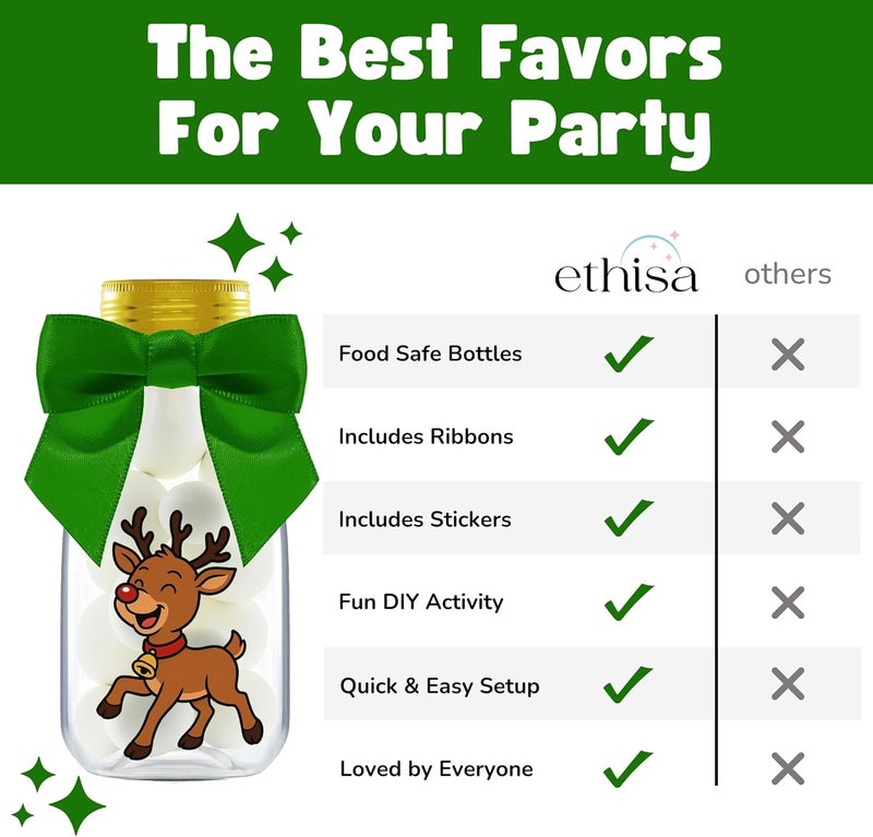 Ethisa 12 Pack Christmas Candy Jars with Ribbons and Stickers – Santa and Friends Party Favor Bottles for Kids – DIY Holiday Party Decorations, Classroom Gifts, and Stocking Stuffers - Image 4
