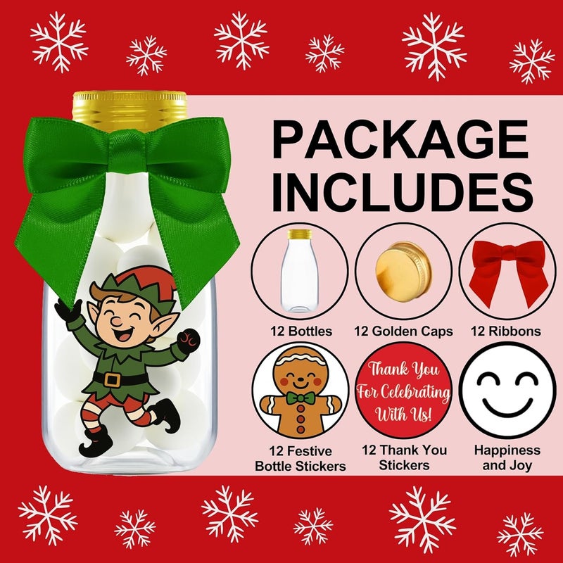 Ethisa 12 Pack Christmas Candy Jars with Ribbons and Stickers – Santa and Friends Party Favor Bottles for Kids – DIY Holiday Party Decorations, Classroom Gifts, and Stocking Stuffers - Image 2