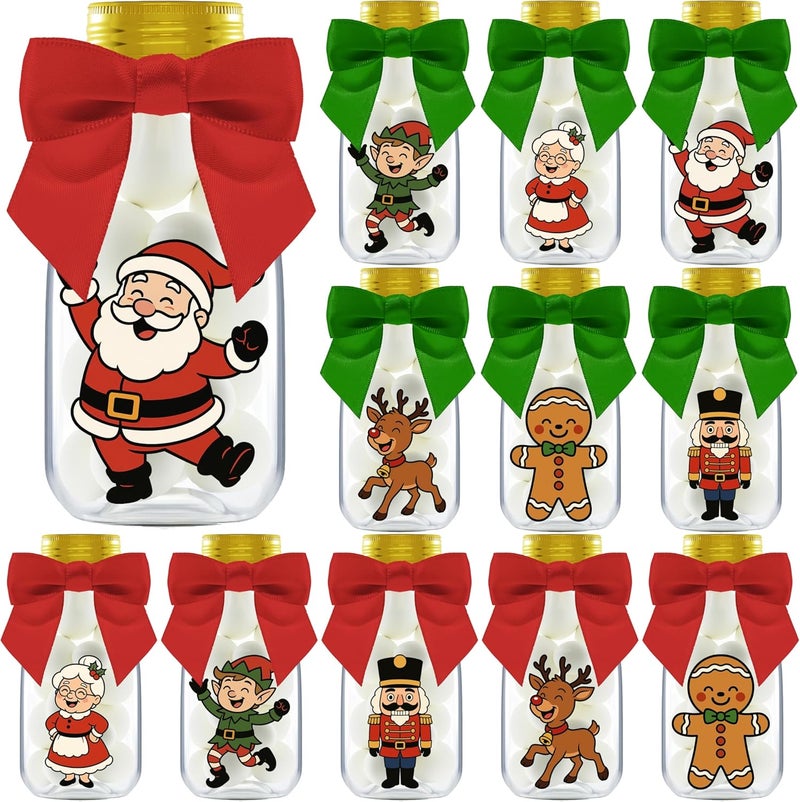 Ethisa 12 Pack Christmas Candy Jars with Ribbons and Stickers – Santa and Friends Party Favor Bottles for Kids – DIY Holiday Party Decorations, Classroom Gifts, and Stocking Stuffers - Image 1