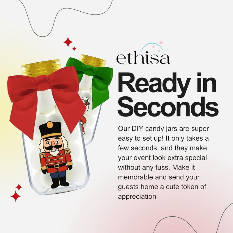 Ethisa 12 Pack Christmas Candy Jars with Ribbons and Stickers – Santa and Friends Party Favor Bottles for Kids – DIY Holiday Party Decorations, Classroom Gifts, and Stocking Stuffers - Image 5
