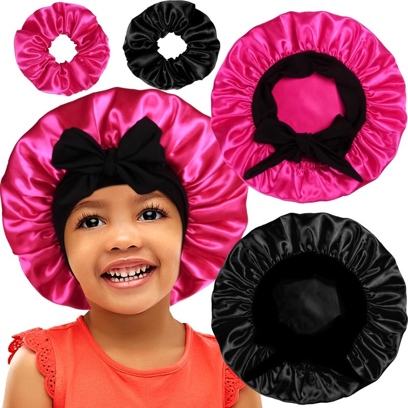 2+2 Satin Bonnets with Scrunchies for Kids, Cute Hair Bonnets for Girls Sleeping Curly Hair, F