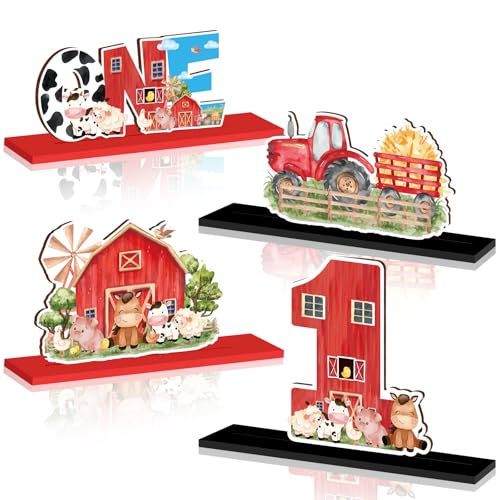 TagreSpike 4Pcs Farm Animal One Wooden Table Centerpieces Farm Barnyard Happy 1st Birthday Table Sign Party Supplies for 1 Year Old Baby Shower Boys Girls Birthday Party Supplies Decor Photo Props Kids - Image 1