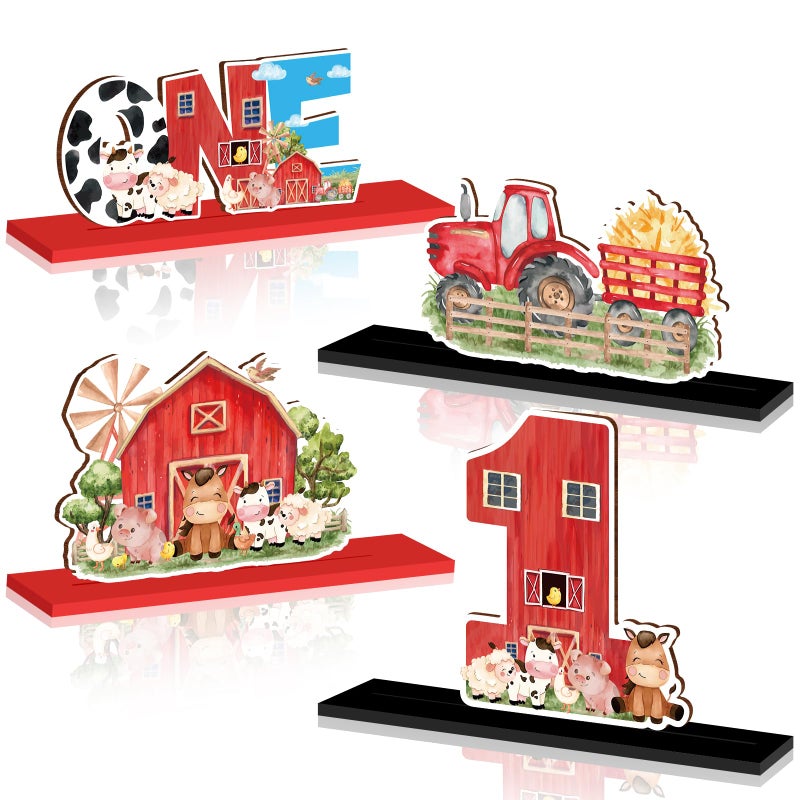 TagreSpike 4Pcs Farm Animal One Wooden Table Centerpieces Farm Barnyard Happy 1st Birthday Table Sign Party Supplies for 1 Year Old Baby Shower Boys Girls Birthday Party Supplies Decor Photo Props Kids - Image 3