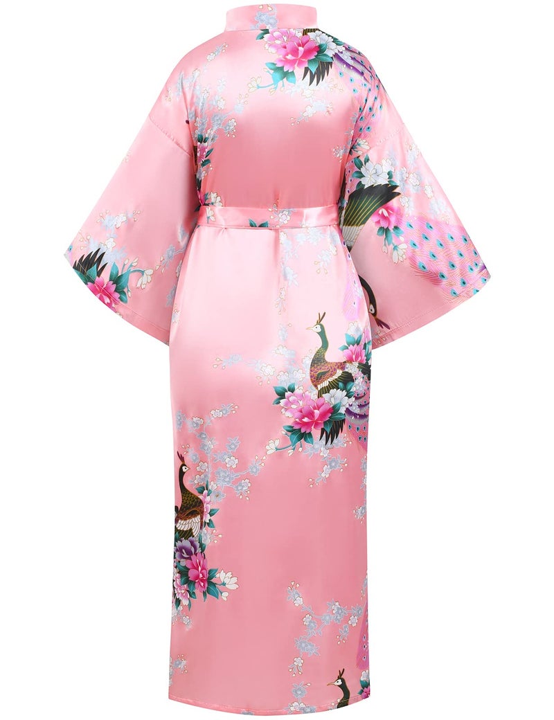 Heone Japanese Long Kimono Satin Peacock Printed Lightweight Cardigan Jacket Coat Loose Yukata Cloak Bathrobe Tops folding fans Tabi Socks Set(Coralred S-L) - Image 4