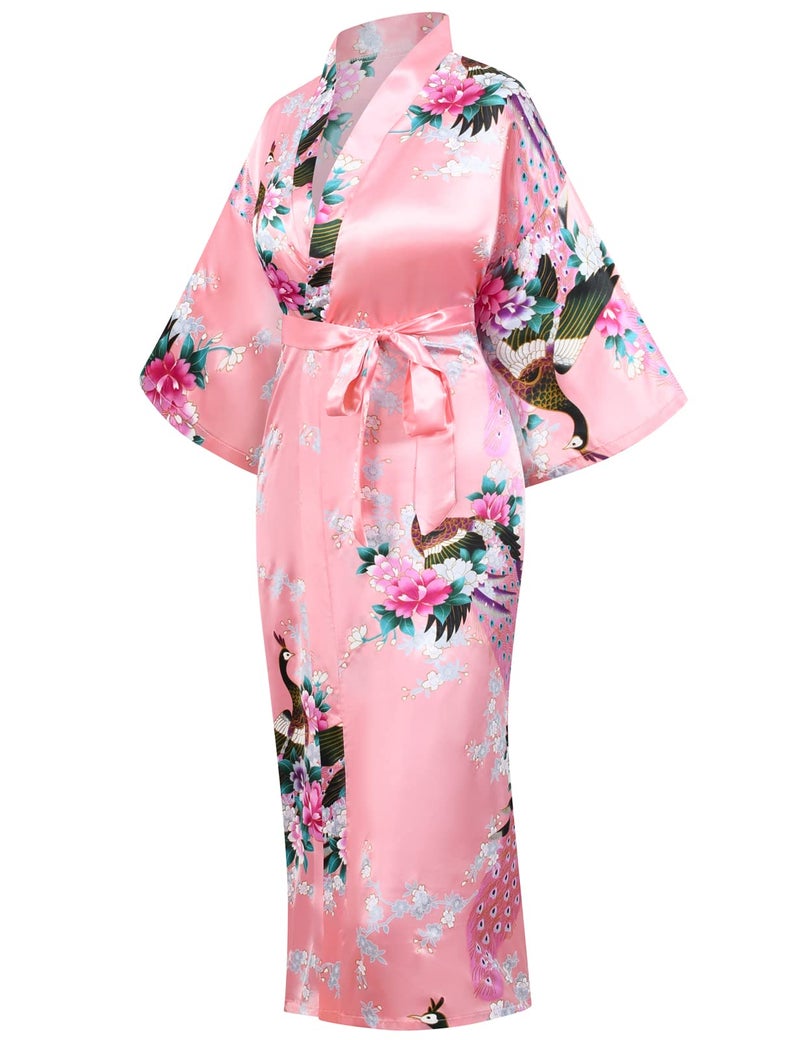 Heone Japanese Long Kimono Satin Peacock Printed Lightweight Cardigan Jacket Coat Loose Yukata Cloak Bathrobe Tops folding fans Tabi Socks Set(Coralred S-L) - Image 3