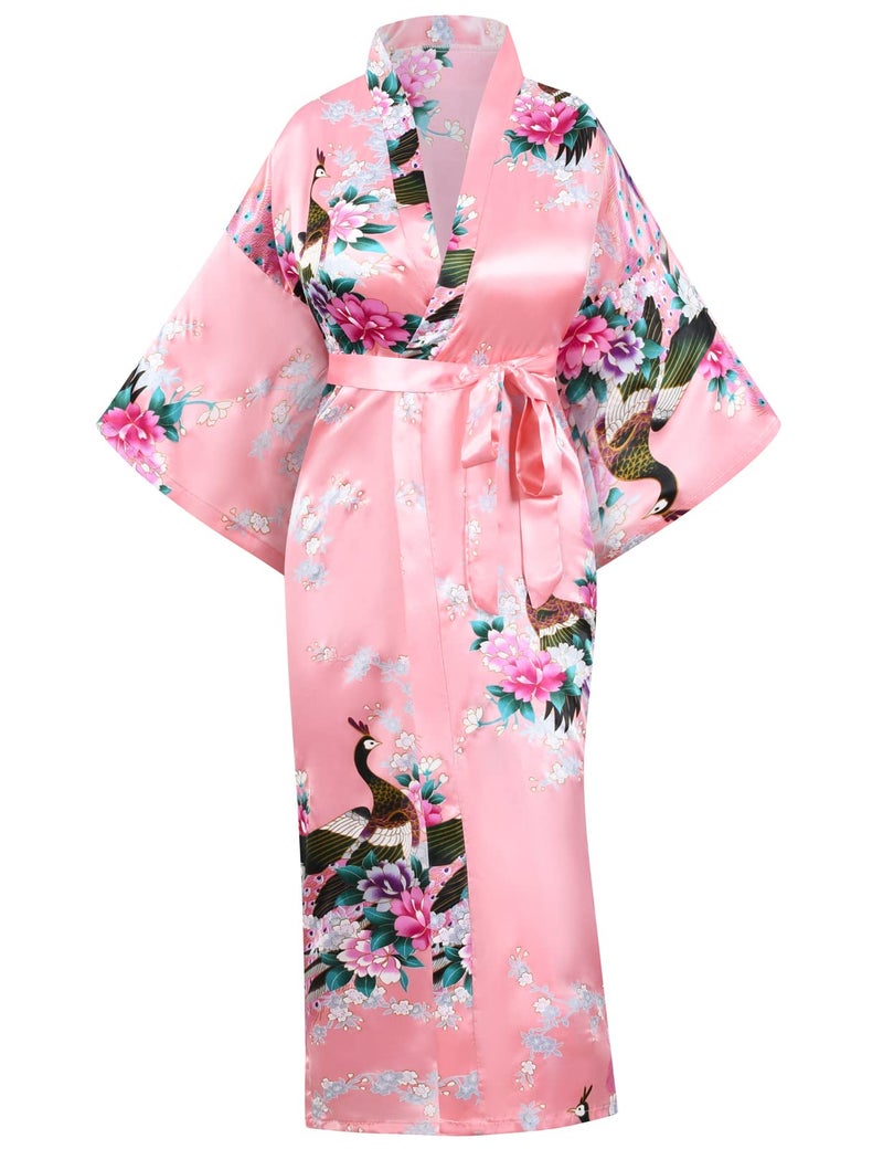 Heone Japanese Long Kimono Satin Peacock Printed Lightweight Cardigan Jacket Coat Loose Yukata Cloak Bathrobe Tops folding fans Tabi Socks Set(Coralred S-L) - Image 2