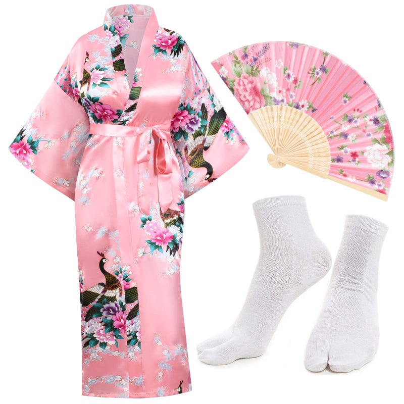 Heone Japanese Long Kimono Satin Peacock Printed Lightweight Cardigan Jacket Coat Loose Yukata Cloak Bathrobe Tops folding fans Tabi Socks Set(Coralred S-L) - Image 1