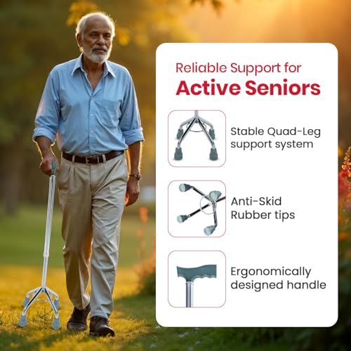 AGEasy (Max Group) Four Leg Walking Stick | Lightweight Walking Support with Adjustable Height & Anti-Slip Handle | Quadbase Walking Cane for Men/Women, Patients, Elderly - Image 3