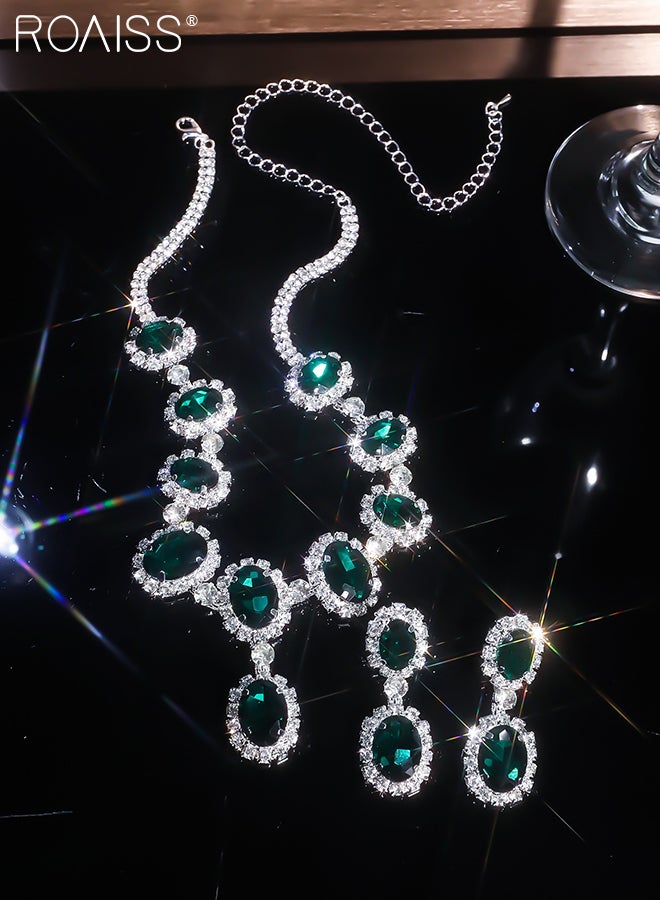 رويس مجموعة من 3 قطع من القلائد والأقراط الأنيقة والفاخرة من أحجار الراين، قلادة دائرية لامعة، أقراط خضراء مزينة بالشراشيب، مناسبة للارتداء اليومي للنساء وحفلات الزفاف والحفلات والمناسبات الأخرى - Image 4