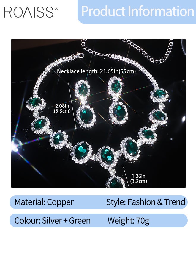 رويس مجموعة من 3 قطع من القلائد والأقراط الأنيقة والفاخرة من أحجار الراين، قلادة دائرية لامعة، أقراط خضراء مزينة بالشراشيب، مناسبة للارتداء اليومي للنساء وحفلات الزفاف والحفلات والمناسبات الأخرى - Image 2