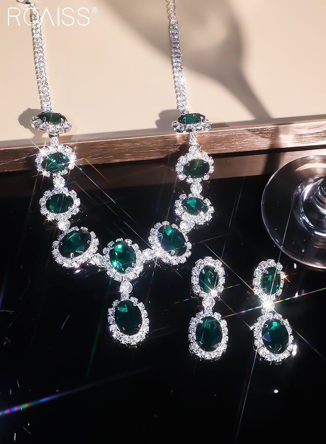 رويس مجموعة من 3 قطع من القلائد والأقراط الأنيقة والفاخرة من أحجار الراين، قلادة دائرية لامعة، أقراط خضراء مزينة بالشراشيب، مناسبة للارتداء اليومي للنساء وحفلات الزفاف والحفلات والمناسبات الأخرى - Image 5