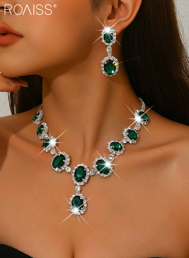 رويس مجموعة من 3 قطع من القلائد والأقراط الأنيقة والفاخرة من أحجار الراين، قلادة دائرية لامعة، أقراط خضراء مزينة بالشراشيب، مناسبة للارتداء اليومي للنساء وحفلات الزفاف والحفلات والمناسبات الأخرى - Image 3