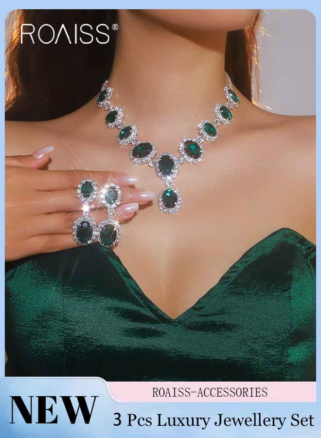 رويس مجموعة من 3 قطع من القلائد والأقراط الأنيقة والفاخرة من أحجار الراين، قلادة دائرية لامعة، أقراط خضراء مزينة بالشراشيب، مناسبة للارتداء اليومي للنساء وحفلات الزفاف والحفلات والمناسبات الأخرى - Image 1