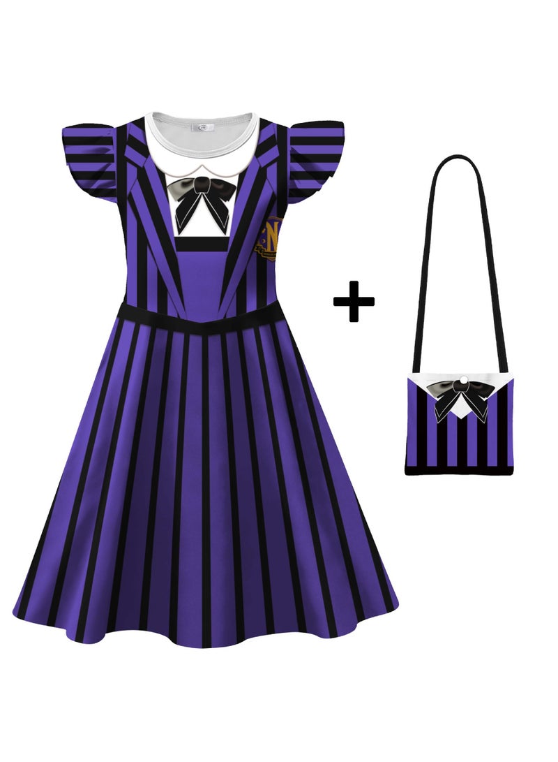 عام فستان تنكري مستوحى من شخصية «وينزداي» بأكمام طائرة، يأتي مع حقيبة مطابقة للتفاصيل، متوافر بمقاسات متعددة لإعادة إحياء الزي الأصلي بدقة. - Image 1