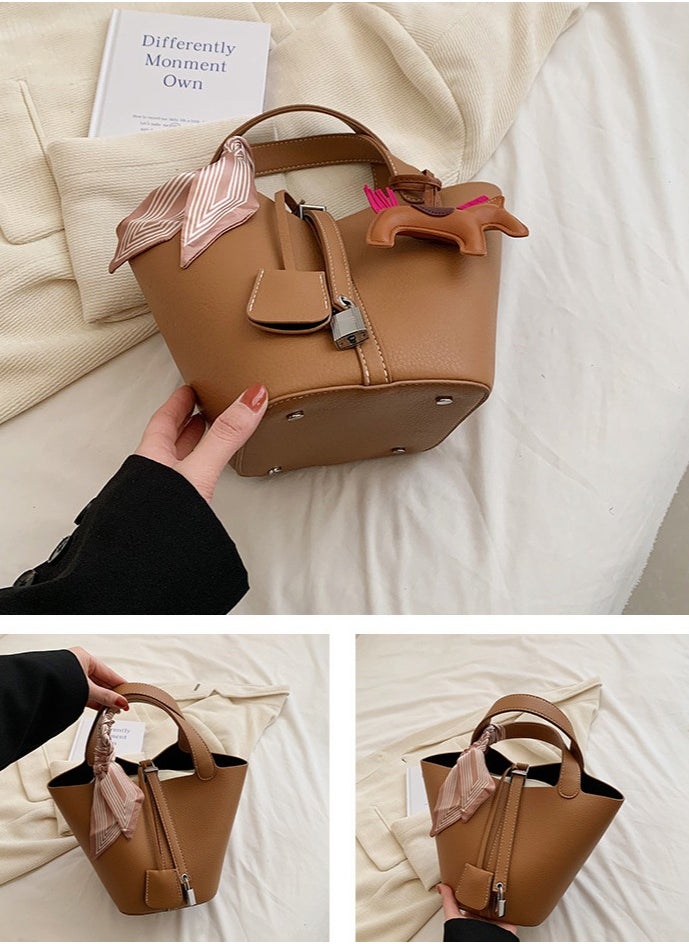 NIBEMINENT - Patchwork Pendant Decor Simple Design Satchel Bag Include Pony Pendant and Silk Scarf - Image 1
