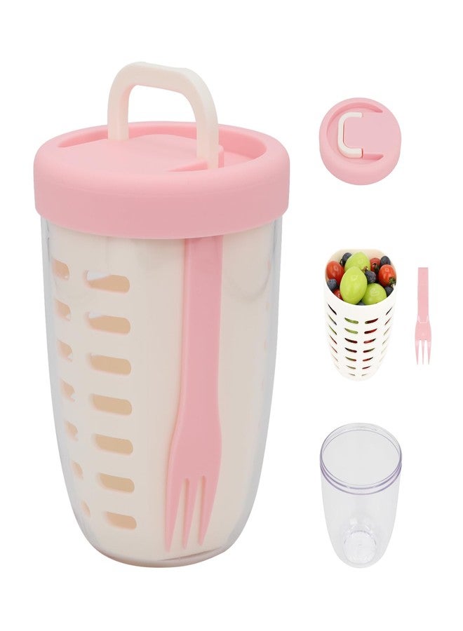 daasigwaa Fresh Fruit Salad Storage Cup To Go With Folding Handle, Lids, Fork & Drain Baskets, Reusable Leakproof Food Storage Containers With Removable Colander Keep Fresh Longer, 22 oz(Pink) - Image 1