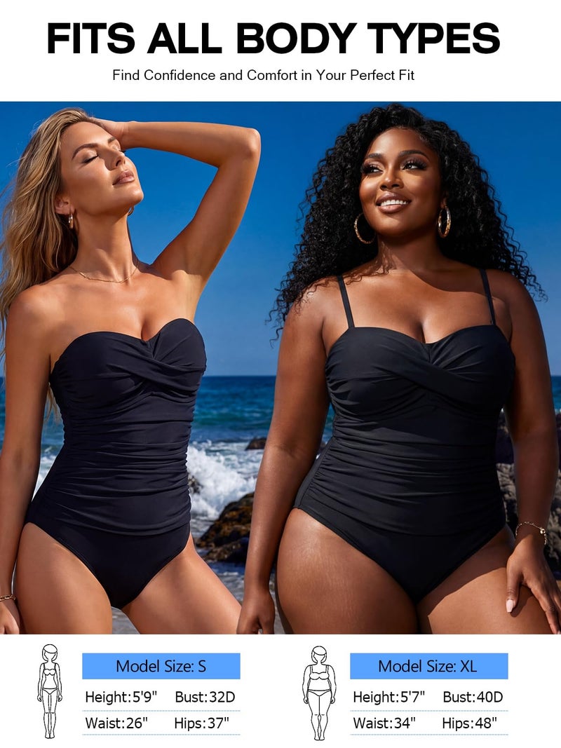 RELLECIGA Women's Tummy Control One Piece Swimsuit Bandeau Strapless Ruched Bathing Suits(Black,Small) - Image 4