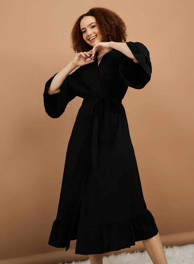 Styli Jersey Ruffle Sleeves & Hem Robe