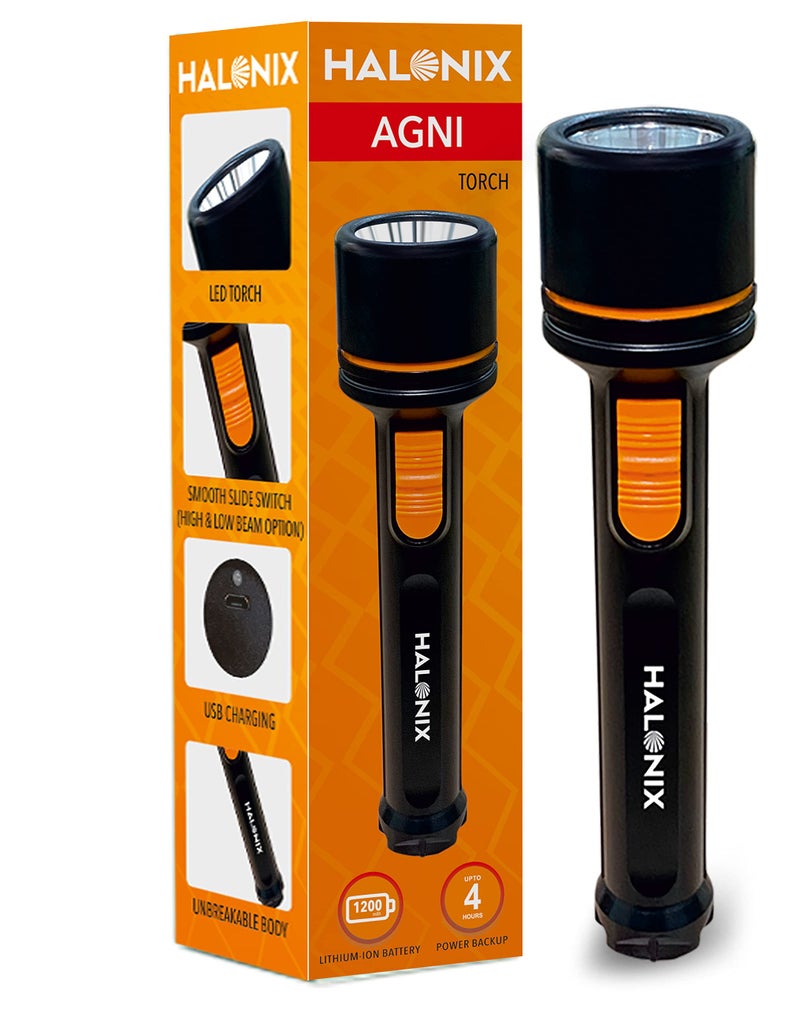 Halonix Plastic 3W Add-On Agni Rechargeable Emergency LED Torch with USB Charging, High Beam-Low Beam Feature, lumens - Image 2