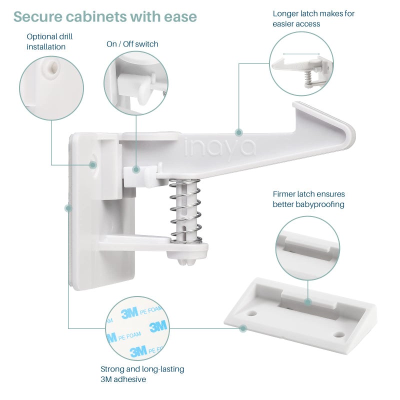 Inaya Cabinet Locks Child Safety Latches - Baby Proofing Cabinets & Drawers Locks - Child Proof Your Home - No Drilling & No Tools Required! (12 Pack - Extended Length Version) - Image 2