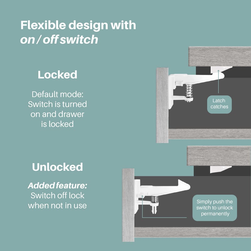 Inaya Cabinet Locks Child Safety Latches - Baby Proofing Cabinets & Drawers Locks - Child Proof Your Home - No Drilling & No Tools Required! (12 Pack - Extended Length Version) - Image 4