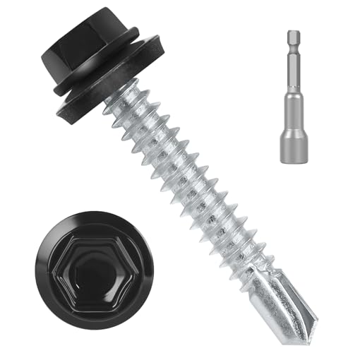 kvohlum #10 x 1-1/2" (200 PCS) Black Metal Roofing Screws with Rubber Washer, Hex Head Metal to Wood Self Tapping Siding Screws, Self Drilling Sheet Metal Screw, Hex Bit Socket Included - Image 1
