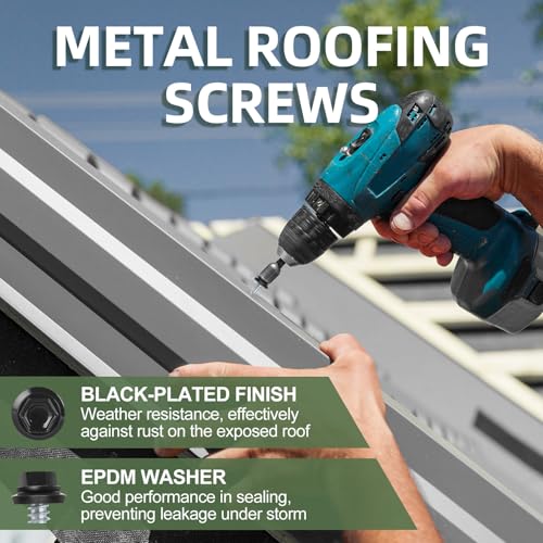 kvohlum #10 x 1-1/2" (200 PCS) Black Metal Roofing Screws with Rubber Washer, Hex Head Metal to Wood Self Tapping Siding Screws, Self Drilling Sheet Metal Screw, Hex Bit Socket Included - Image 3