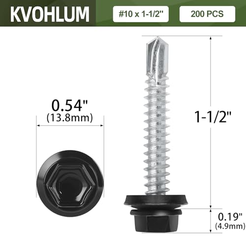 kvohlum #10 x 1-1/2" (200 PCS) Black Metal Roofing Screws with Rubber Washer, Hex Head Metal to Wood Self Tapping Siding Screws, Self Drilling Sheet Metal Screw, Hex Bit Socket Included - Image 2