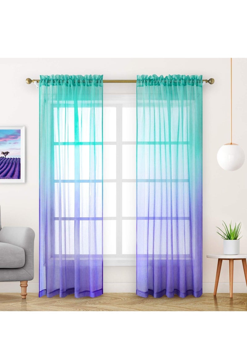 شو وو Sheer Curtains, Creative 2 Panel Gradient Turquoise and Purple Linen Window Screen Balcony Blackout Curtains for Living Room Children's Decoration (214x132 Cm) - Image 1