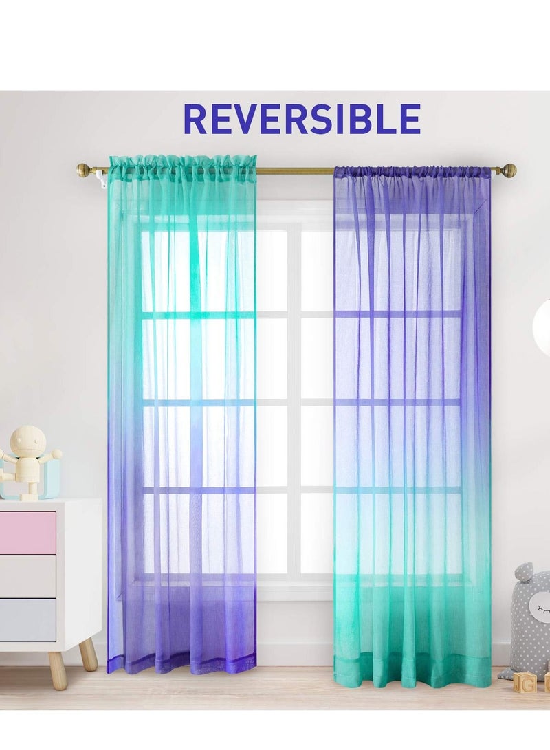 شو وو Sheer Curtains, Creative 2 Panel Gradient Turquoise and Purple Linen Window Screen Balcony Blackout Curtains for Living Room Children's Decoration (214x132 Cm) - Image 4