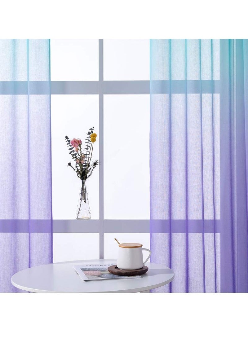 شو وو Sheer Curtains, Creative 2 Panel Gradient Turquoise and Purple Linen Window Screen Balcony Blackout Curtains for Living Room Children's Decoration (214x132 Cm) - Image 2