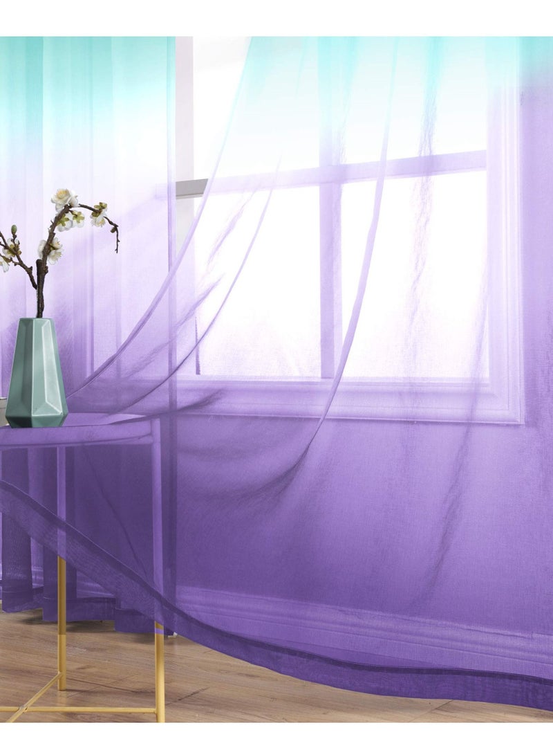شو وو Sheer Curtains, Creative 2 Panel Gradient Turquoise and Purple Linen Window Screen Balcony Blackout Curtains for Living Room Children's Decoration (214x132 Cm) - Image 3