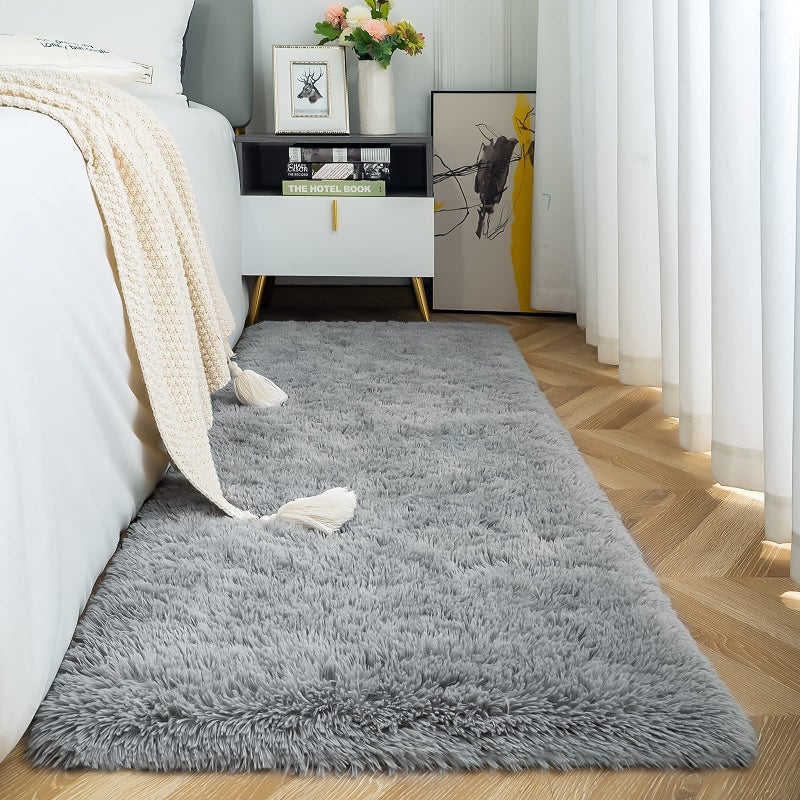 ISEAU Fluffy Runner Rug for Bedroom Plush Area Rugs  Shag Carpet with Rubber Backing Non Slip  Comfy Nursery Rug Bedside Rug for Kids Boys Room Home Decor  2ft x 6ft  Grey - Image 1