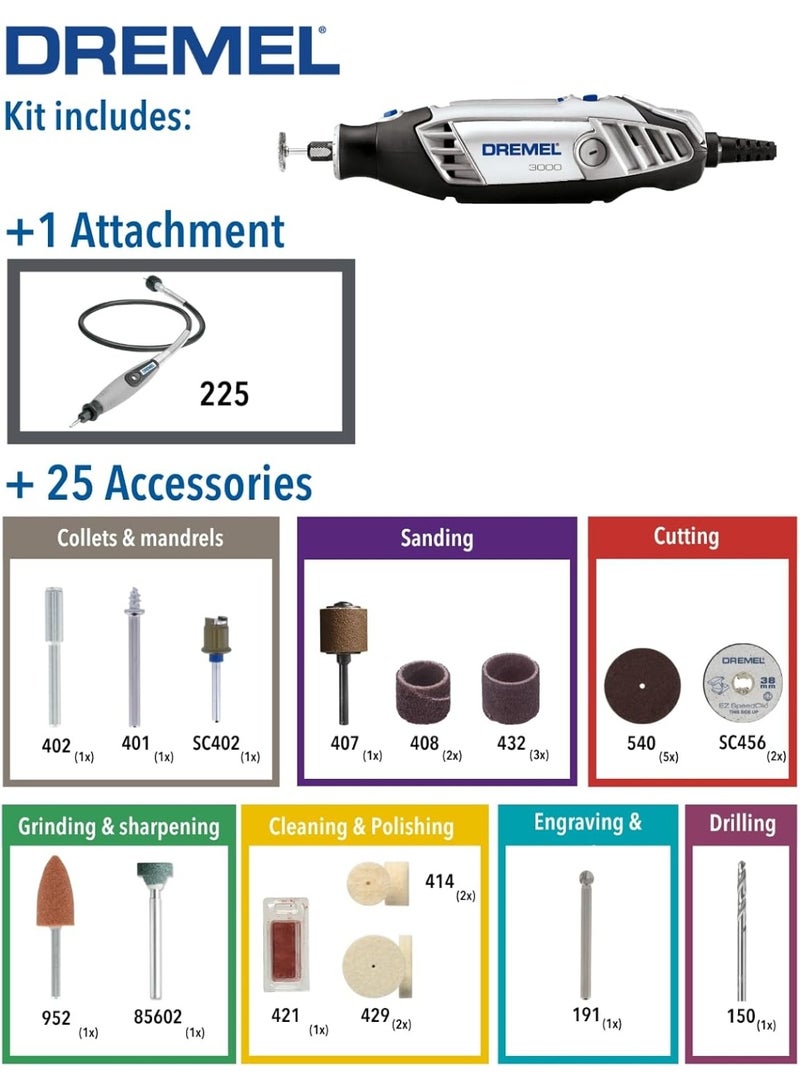 DREMEL طقم أدوات دوارة 3000 (3000-1/25 Ez) مع 1 ملحق و 25 ملحق، سرعة متغيرة 10000-33000 دورة في الدقيقة للقطع، الصنفرة، الحفر، التلميع، النحت، الشحذ، النقش، التنظيف - Image 4