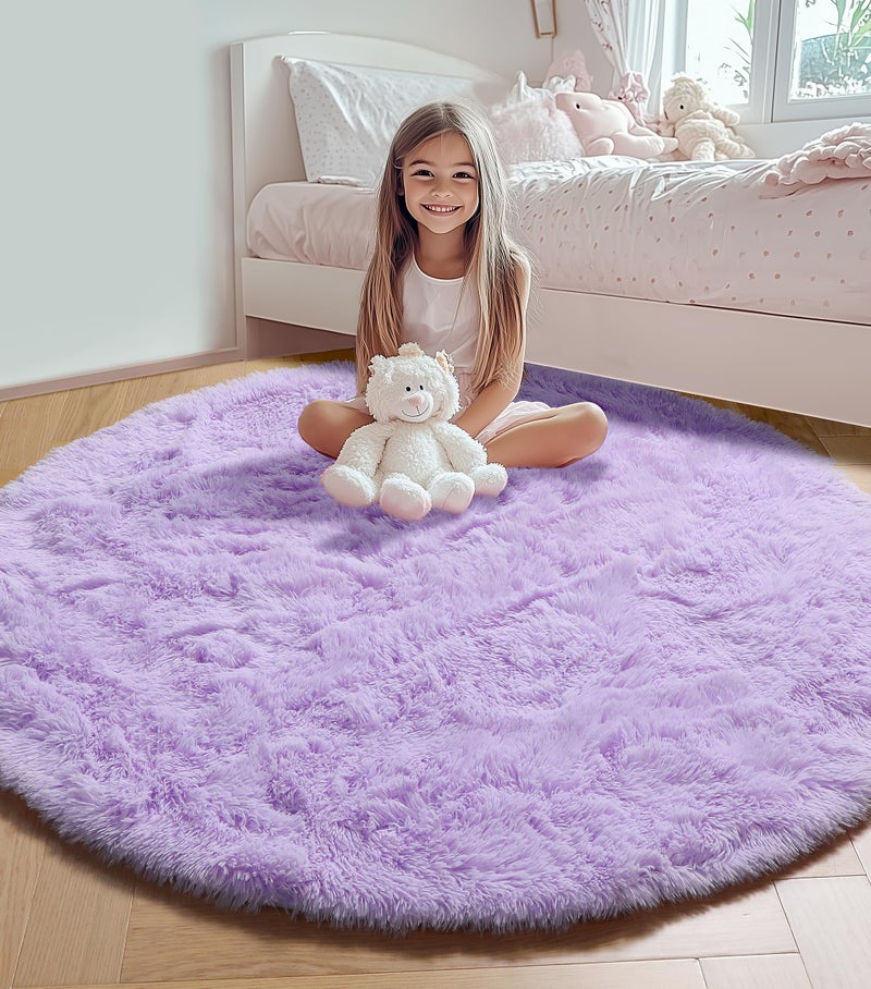 ONASAR Light Purple Round Area Rug 4ft Soft Bedroom Circle Rugs Floor Mats for Kids Girls Teen Room Cute Fluffy Plush Shaggy Carpet for Baby Nursery Living Room Playroom Dorm Home Decor