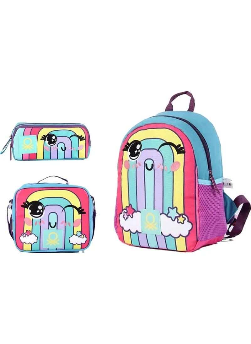 UNITED COLORS OF BENETTON Rainbow Patterned Triple Kindergarten Bag Set (Single Compartment Backpack, Double Compartment Pencil Case, Lunch Bag)