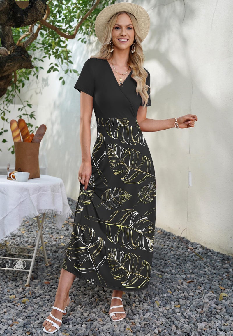 AUSELILY Maxi Dresses for Women Ankle Length Floral Print Beach Long Flowy Dress with Pockets BK Bright Leaves/BK L - Image 5