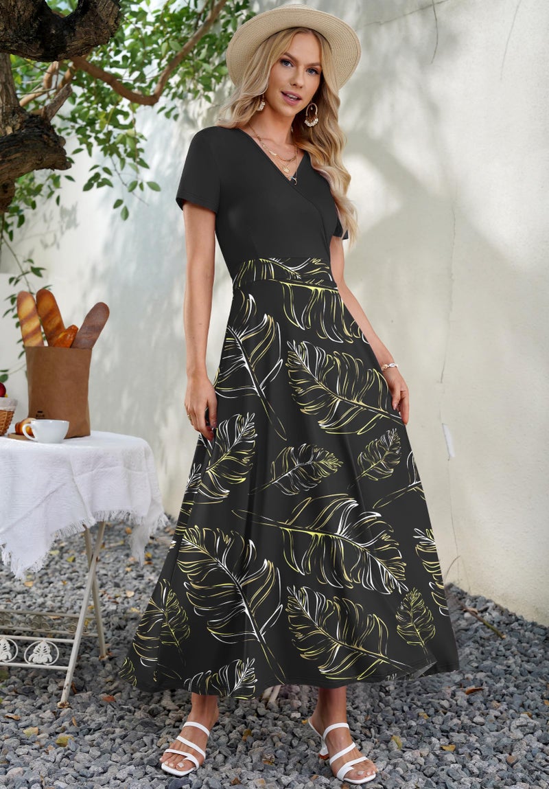 AUSELILY Maxi Dresses for Women Ankle Length Floral Print Beach Long Flowy Dress with Pockets BK Bright Leaves/BK L - Image 3