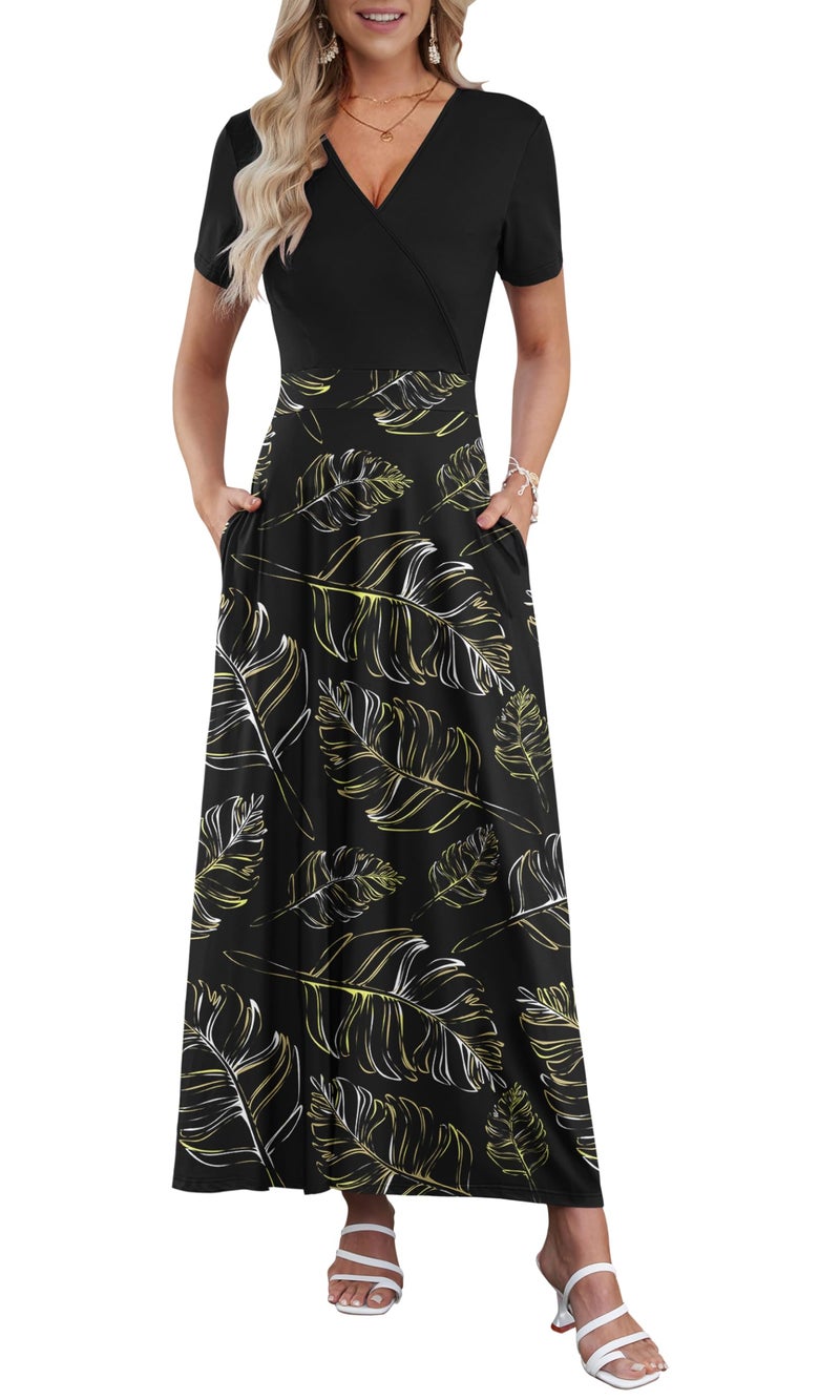 AUSELILY Maxi Dresses for Women Ankle Length Floral Print Beach Long Flowy Dress with Pockets BK Bright Leaves/BK L - Image 1